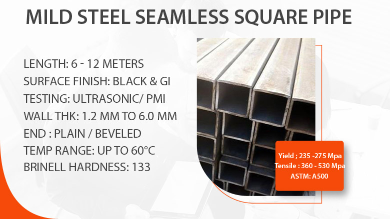 Mild steel seamless square pipe manufacturer in India